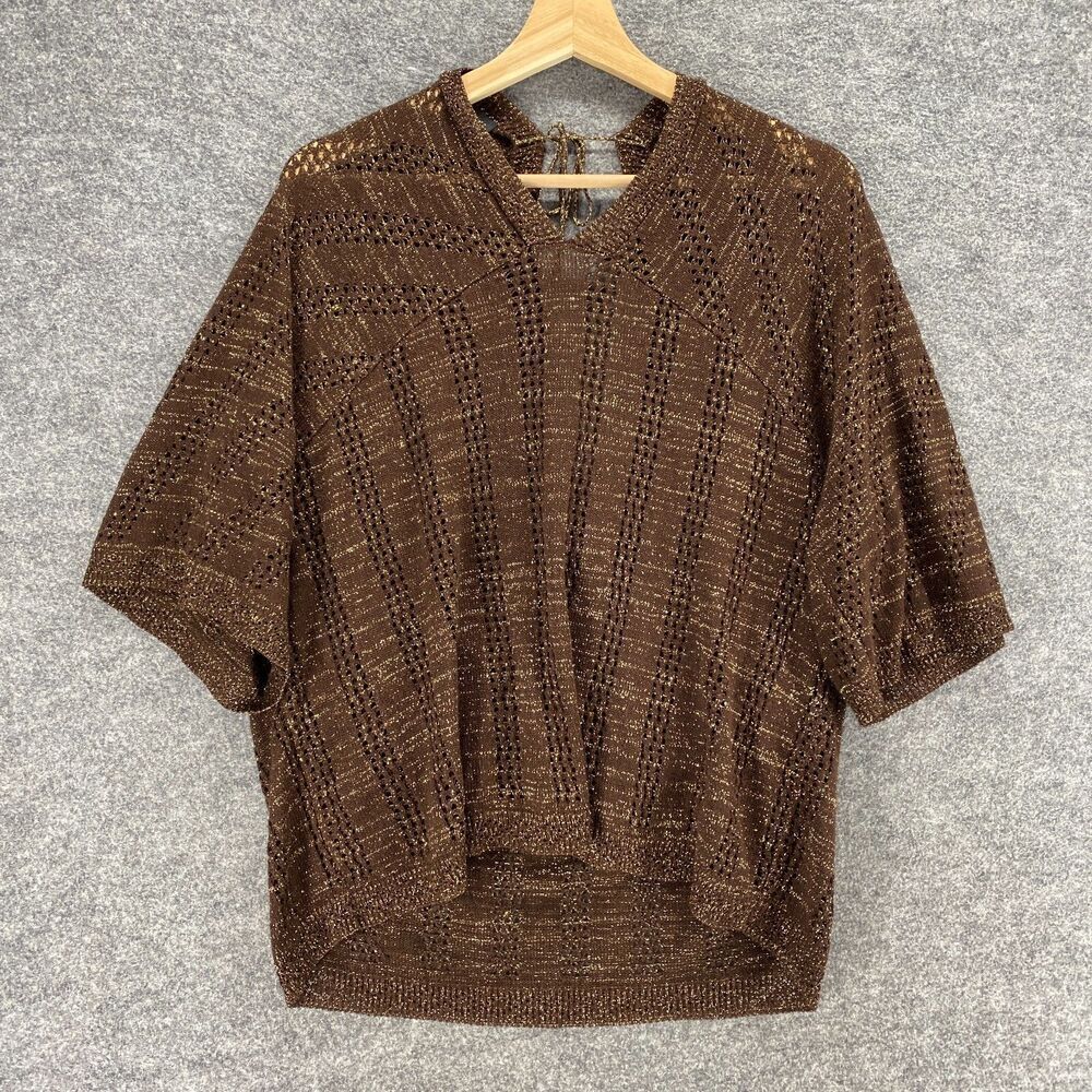 Ashley Stewart Blouse Women M Medium Brown 3/4 Sleeve Crew Neck Tasseled Casual